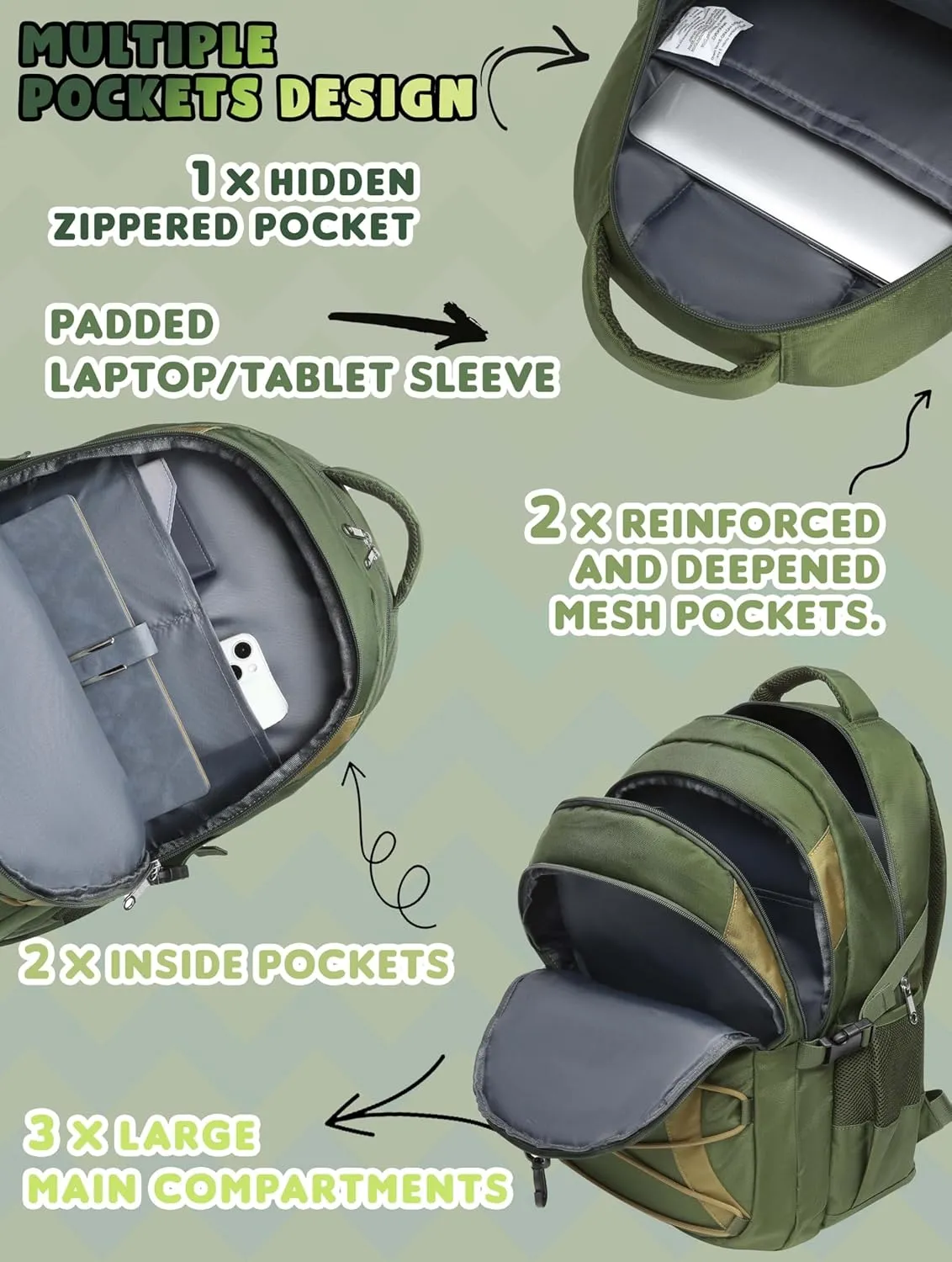 BLUEFAIRY Middle High School Backpack for Boys Girls Large Bookbag with Laptop Compartment Back to School Book Bags for Teens Teenagers Mochilas Escolares para Nios Nias (Olive Green/Khaki, Solid)