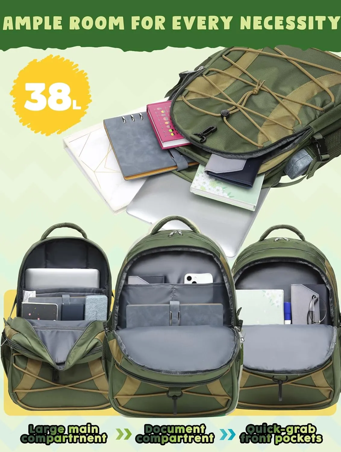 BLUEFAIRY Middle High School Backpack for Boys Girls Large Bookbag with Laptop Compartment Back to School Book Bags for Teens Teenagers Mochilas Escolares para Nios Nias (Olive Green/Khaki, Solid)