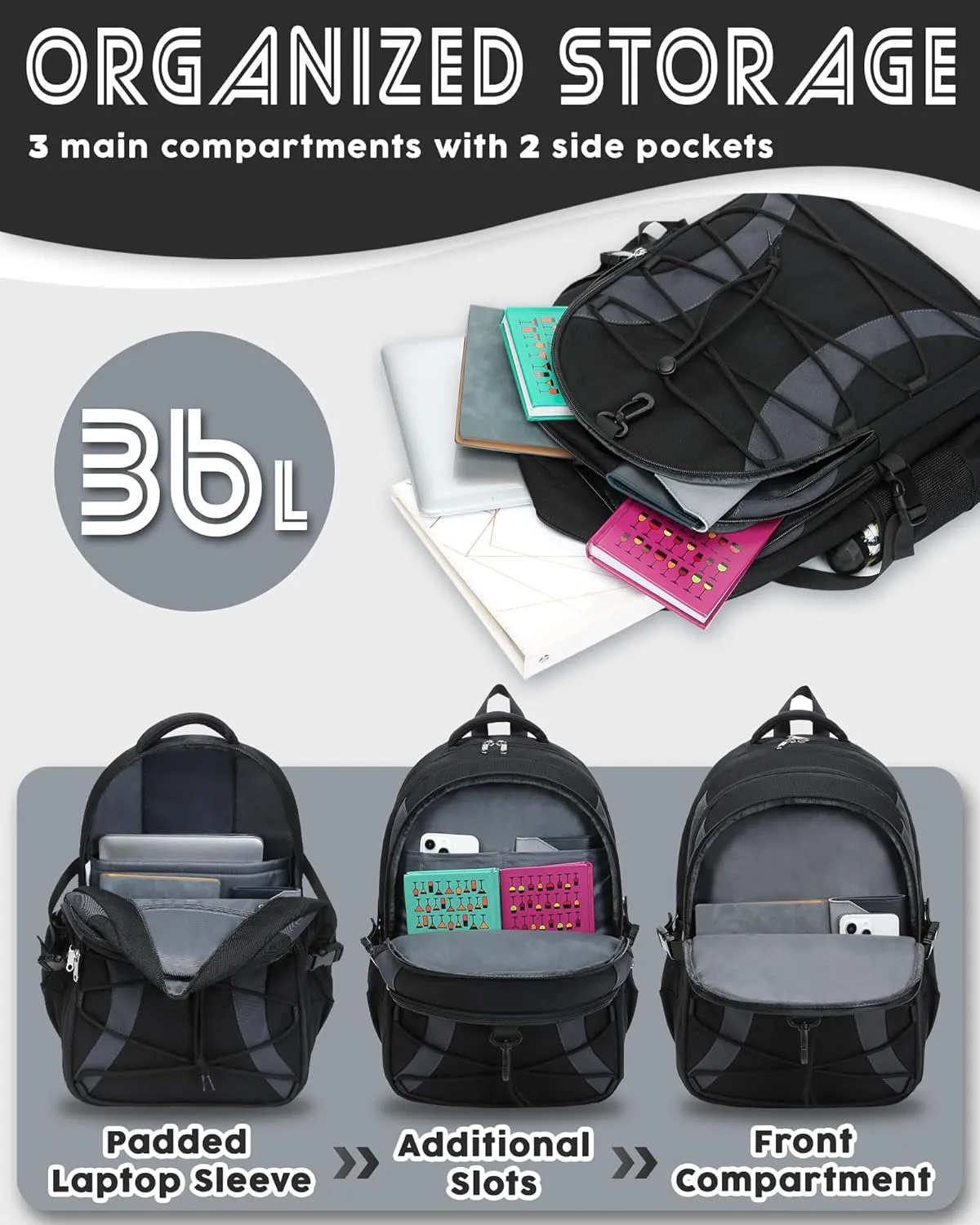 BLUEFAIRY Middle High School Backpack for Teen Boys Girls Large College Bookbag with Laptop Sleeve Back to School Book Bags Mochilas Escolares para Nios Nias Adolescentes (Black/Dark Gray, Solid)