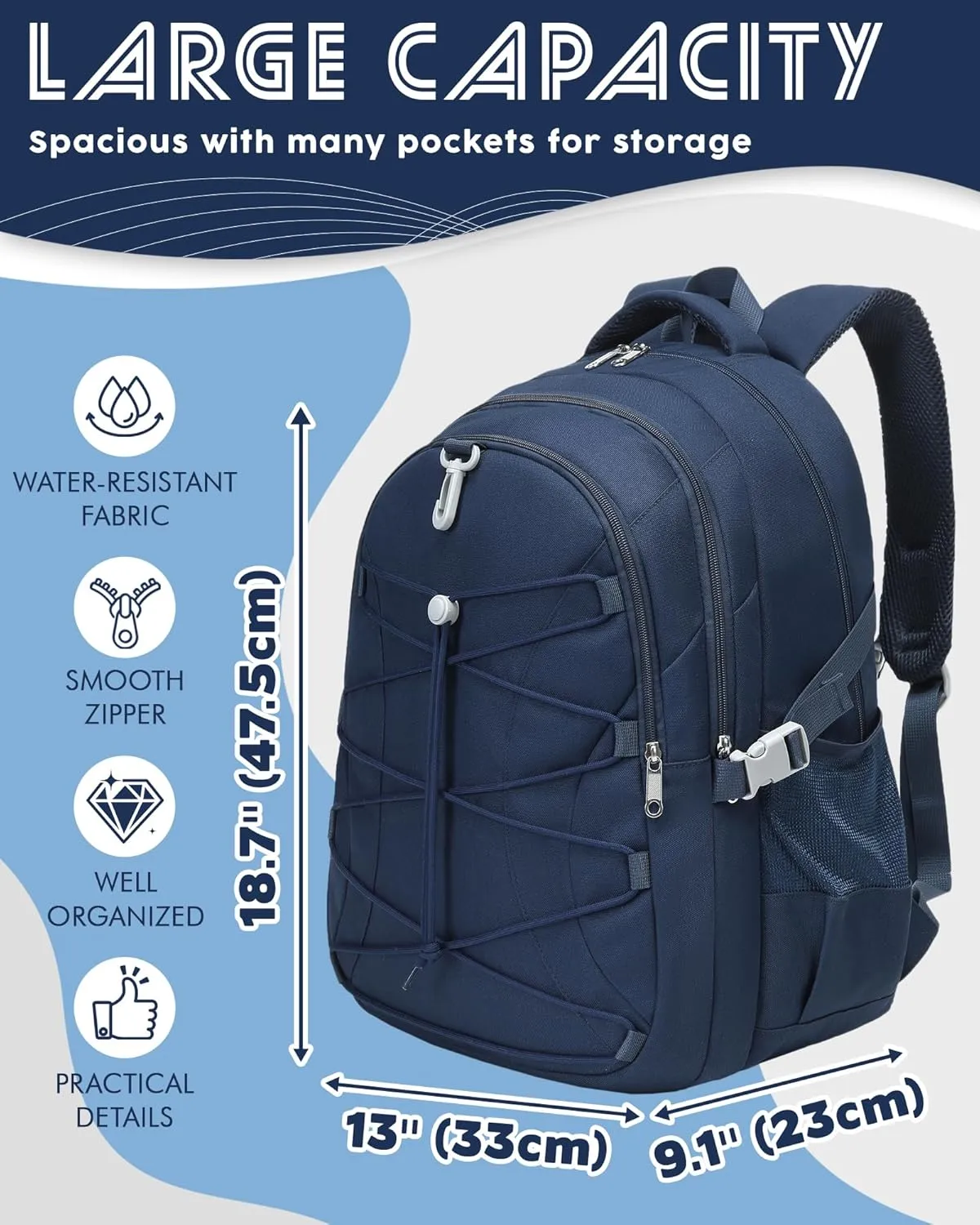 BLUEFAIRY Middle High School Backpack for Teen Boys Girls Large College Bookbag with Laptop Sleeve Back to School Book Bags Mochilas Escolares para Nios Nias Adolescentes (Dark Blue, Solid)