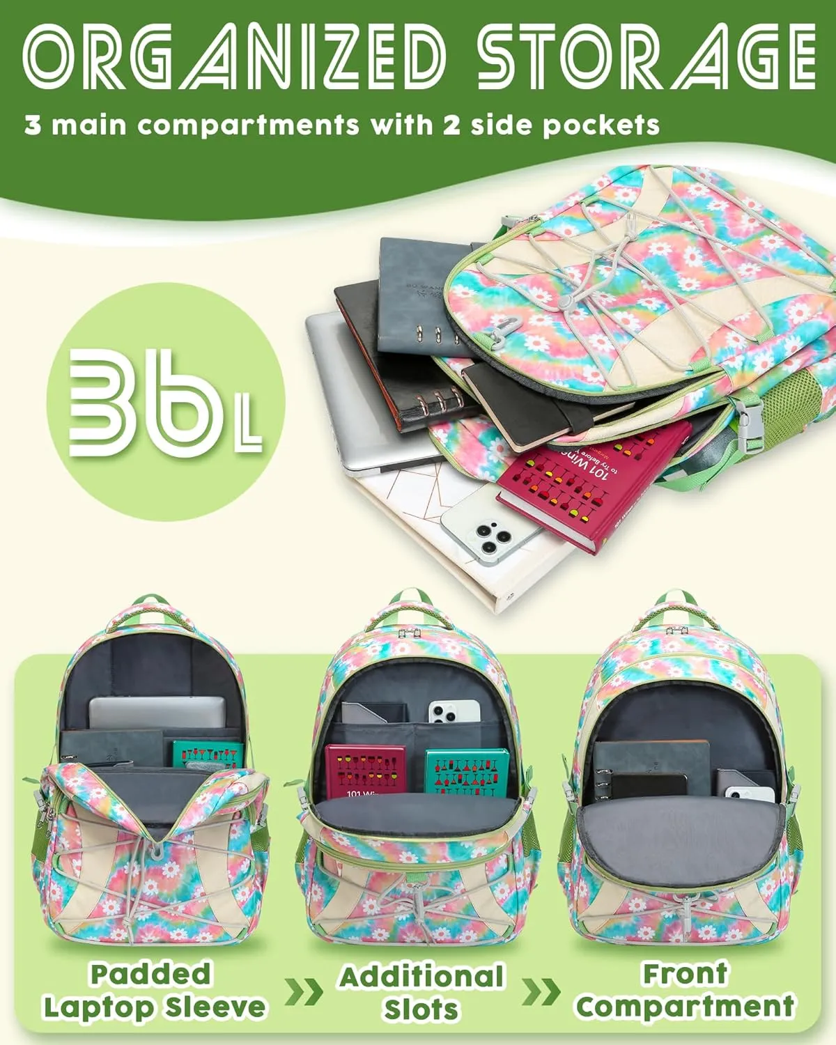 BLUEFAIRY Middle High School Backpack for Teen Boys Girls Large College Bookbag with Laptop Sleeve Back to School Book Bags Mochilas Escolares para Nios Nias Adolescentes (Green, Floral)