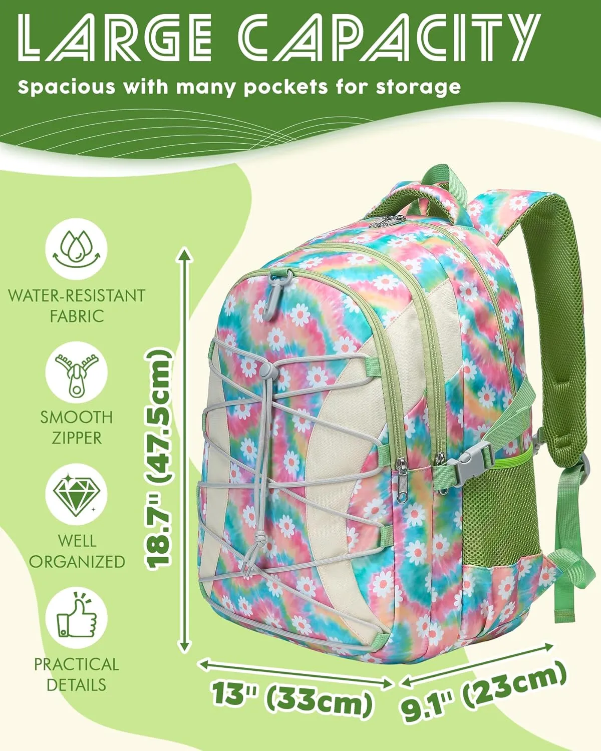 BLUEFAIRY Middle High School Backpack for Teen Boys Girls Large College Bookbag with Laptop Sleeve Back to School Book Bags Mochilas Escolares para Nios Nias Adolescentes (Green, Floral)