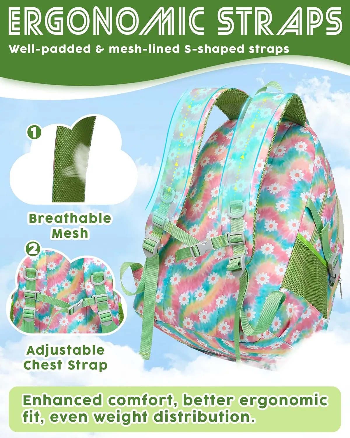 BLUEFAIRY Middle High School Backpack for Teen Boys Girls Large College Bookbag with Laptop Sleeve Back to School Book Bags Mochilas Escolares para Nios Nias Adolescentes (Green, Floral)