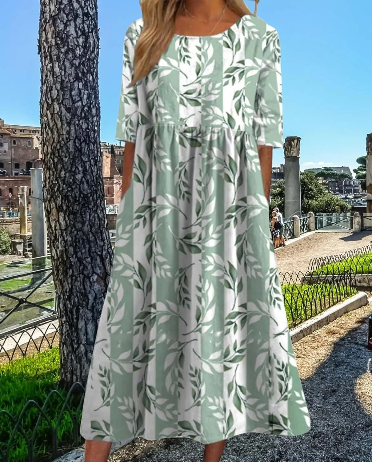 Bohemian Floral Print Dresses for Women Summer Fashion Casual Short Sleeve Loose V Neck Flowy Maxi Dress with Pockets