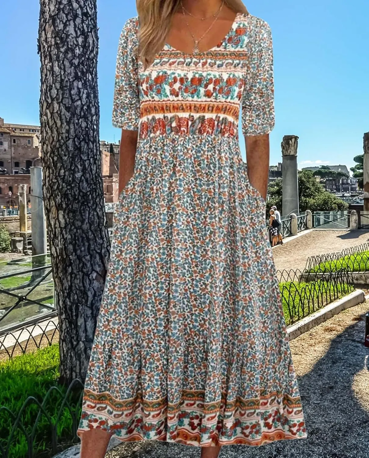 Bohemian Floral Print Dresses for Women Summer Fashion Casual Short Sleeve Loose V Neck Flowy Maxi Dress with Pockets