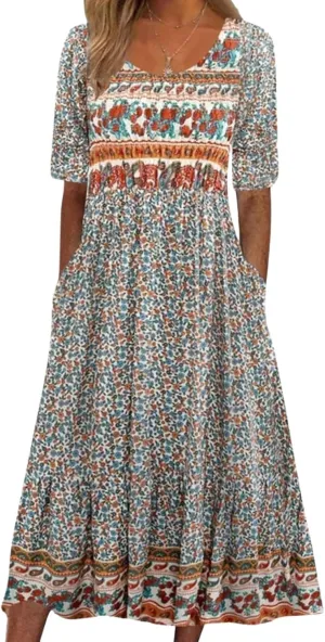 Bohemian Floral Print Dresses for Women Summer Fashion Casual Short Sleeve Loose V Neck Flowy Maxi Dress with Pockets