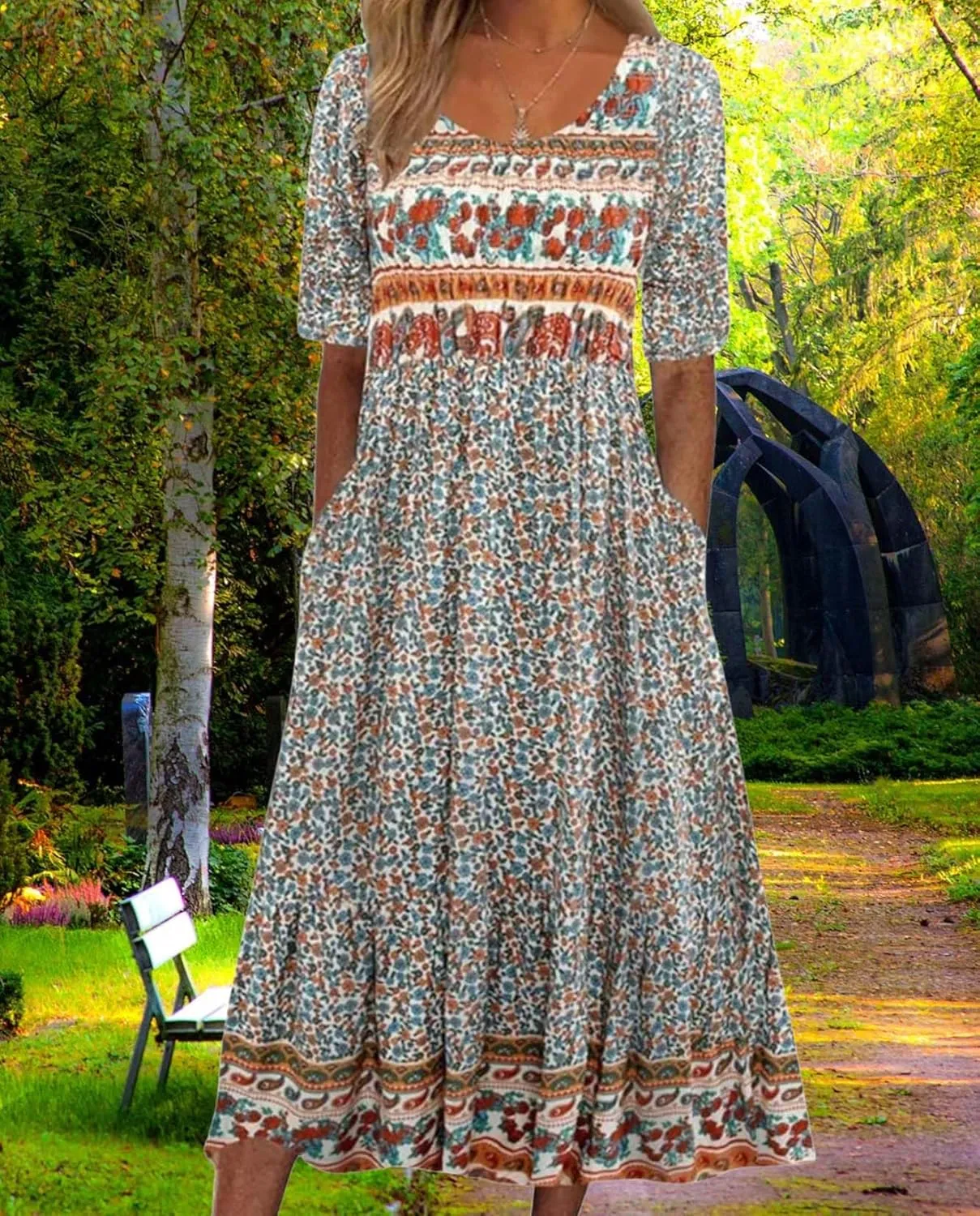 Bohemian Floral Print Dresses for Women Summer Fashion Casual Short Sleeve Loose V Neck Flowy Maxi Dress with Pockets
