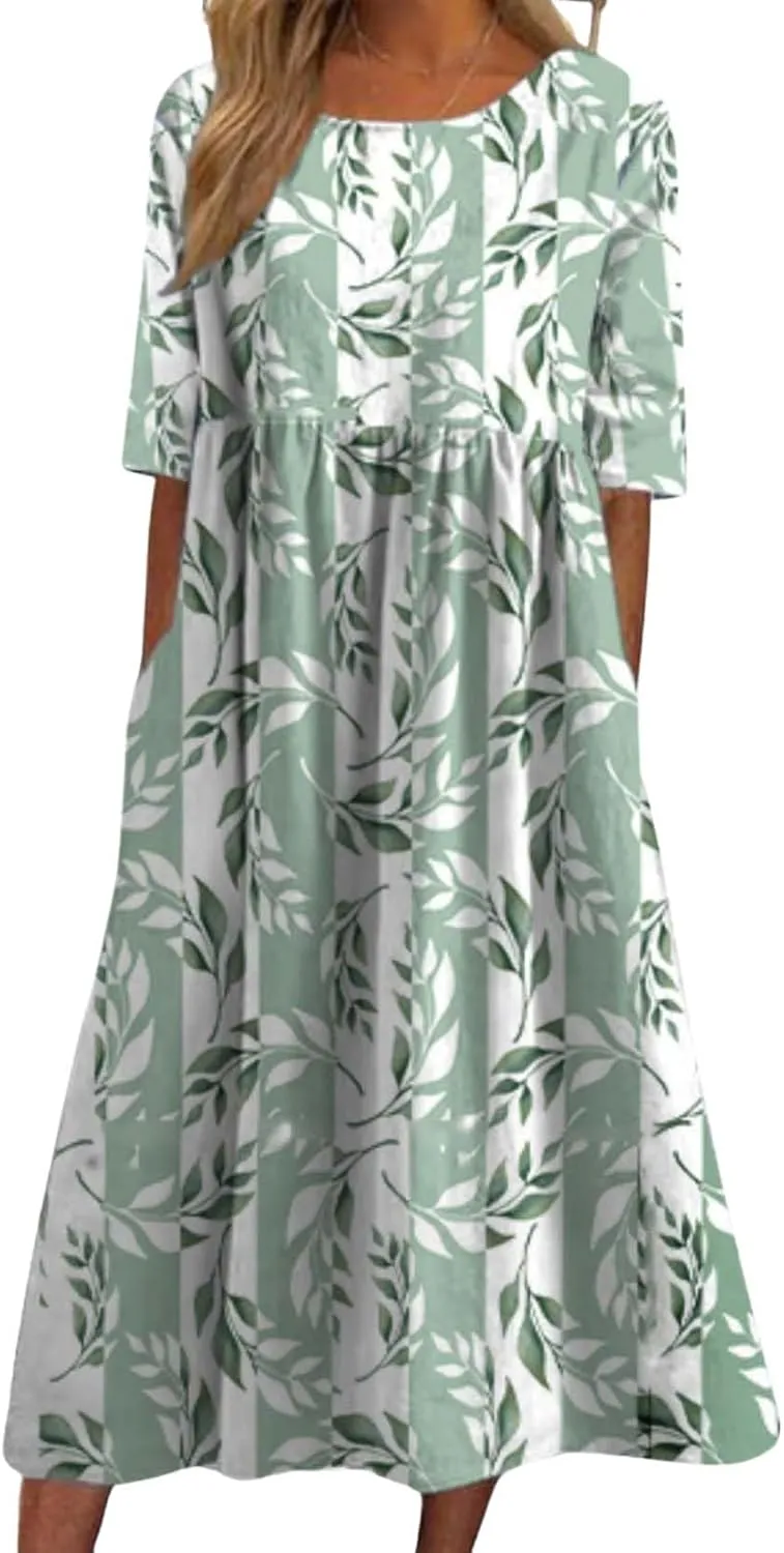 Bohemian Floral Print Dresses for Women Summer Fashion Casual Short Sleeve Loose V Neck Flowy Maxi Dress with Pockets