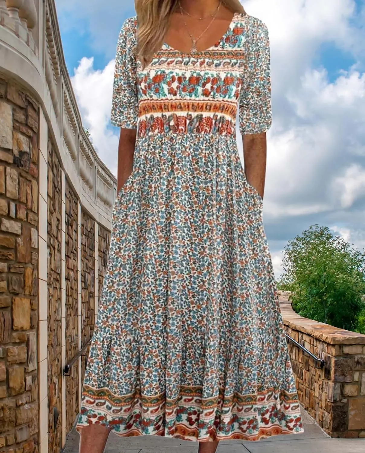 Bohemian Floral Print Dresses for Women Summer Fashion Casual Short Sleeve Loose V Neck Flowy Maxi Dress with Pockets
