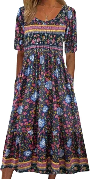 Bohemian Floral Print Dresses for Women Summer Fashion Casual Short Sleeve Loose V Neck Flowy Maxi Dress with Pockets