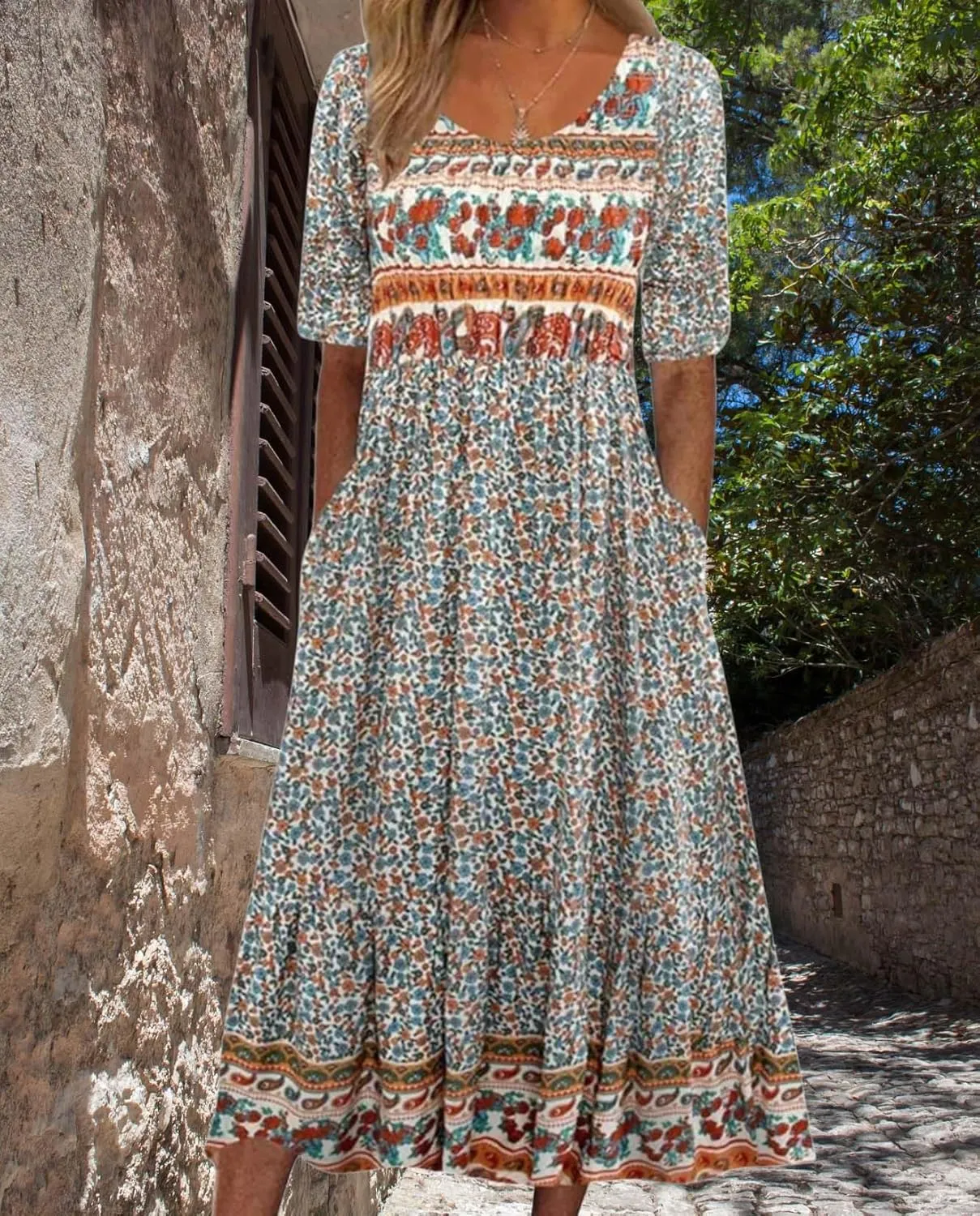 Bohemian Floral Print Dresses for Women Summer Fashion Casual Short Sleeve Loose V Neck Flowy Maxi Dress with Pockets