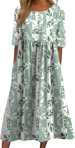 Bohemian Floral Print Dresses for Women Summer Fashion Casual Short Sleeve Loose V Neck Flowy Maxi Dress with Pockets