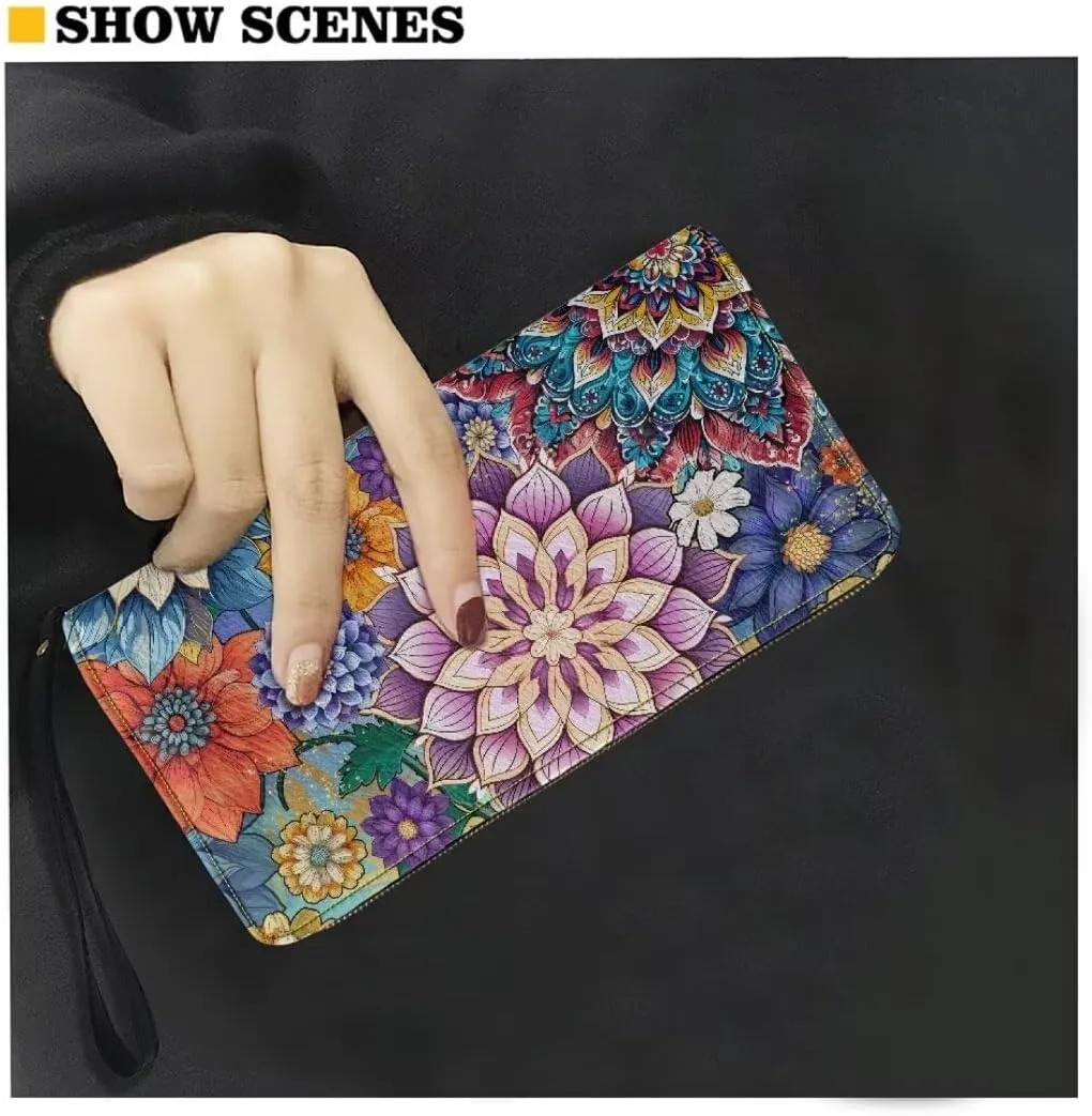 Bohemian Mandala Leather Wristlet Wallet for Women Portable Storage Bag Ethnic Style Fashion Travel Business Shopping Money Clips Handbag Purse