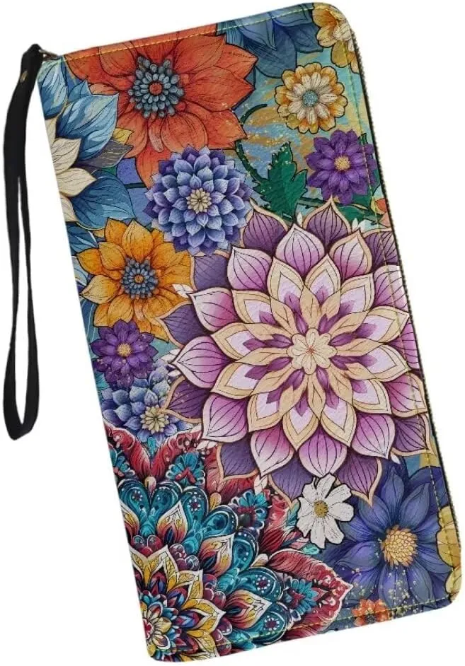 Bohemian Mandala Leather Wristlet Wallet for Women Portable Storage Bag Ethnic Style Fashion Travel Business Shopping Money Clips Handbag Purse
