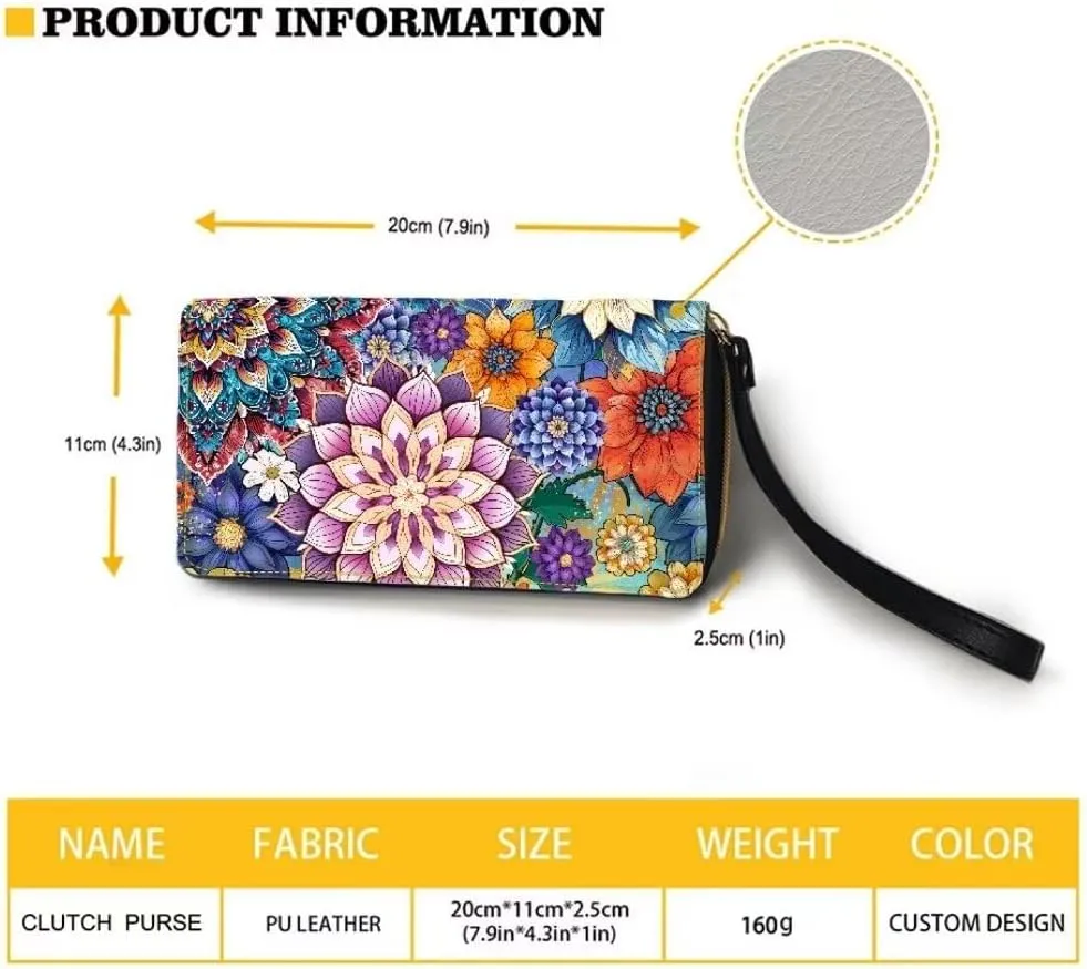 Bohemian Mandala Leather Wristlet Wallet for Women Portable Storage Bag Ethnic Style Fashion Travel Business Shopping Money Clips Handbag Purse