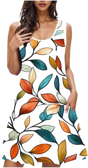 Boho Dresses for Women 2025 Summer Floral Cute Sundress Casual Sleeveless Tank Beach Mini Dress with Pocket