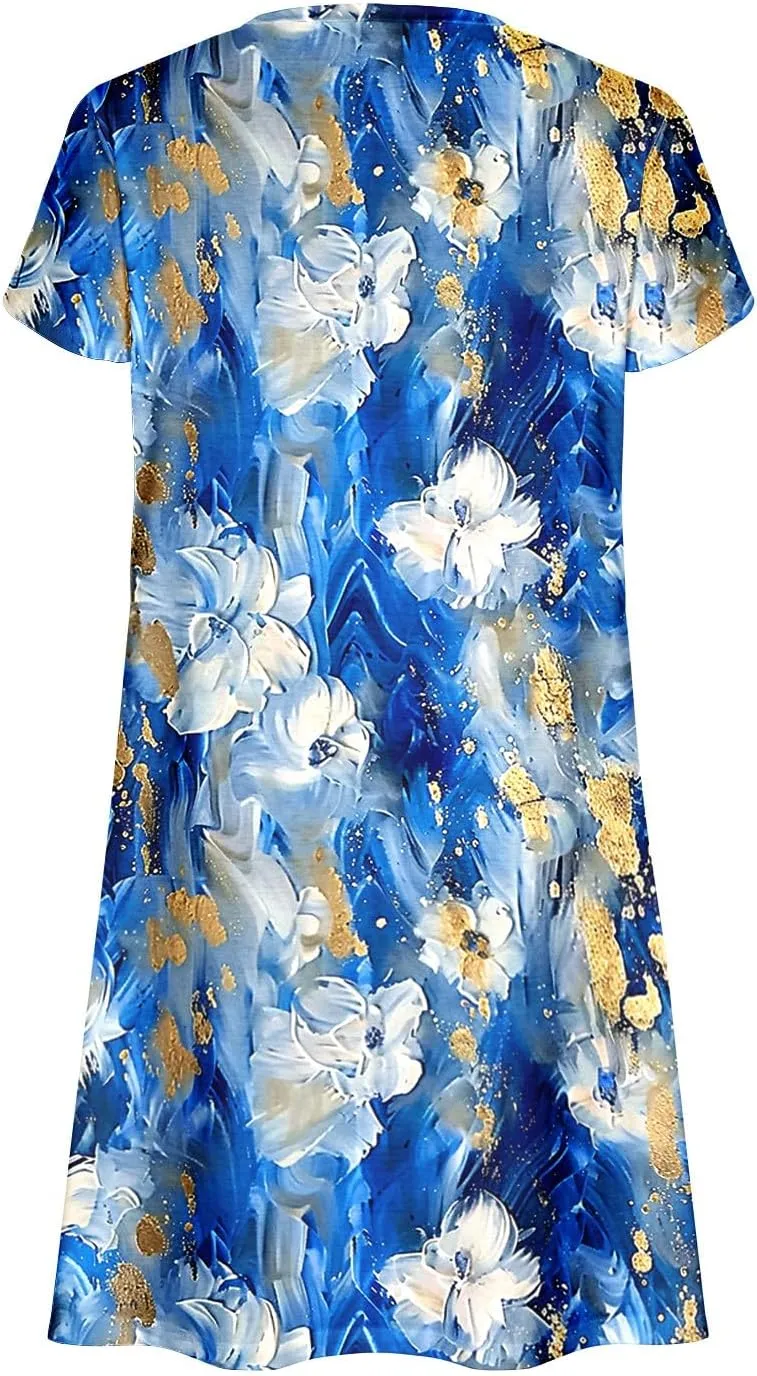 Boho Dresses for Women Summer Floral Print Short Sleeve Crew Neck Mini Dress 2025 Casual Beach A Line Flowy Sundress