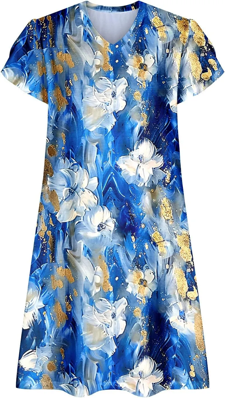 Boho Dresses for Women Summer Floral Print Short Sleeve Crew Neck Mini Dress 2025 Casual Beach A Line Flowy Sundress