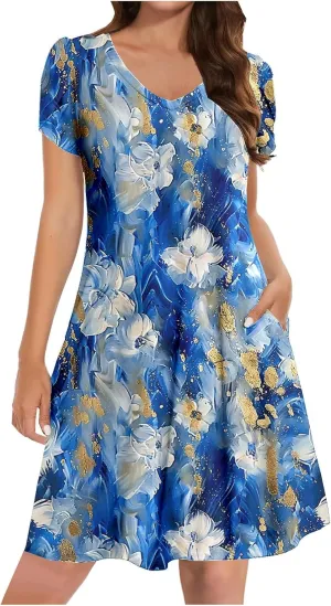 Boho Dresses for Women Summer Floral Print Short Sleeve Crew Neck Mini Dress 2025 Casual Beach A Line Flowy Sundress
