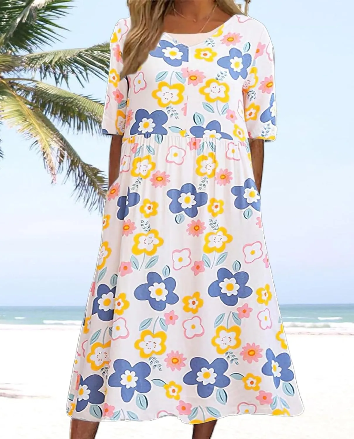 Boho Floral Maxi Dress for Womens Short Sleeve Summer Dresses Casual Loose A Line Elastic Pleated Dress