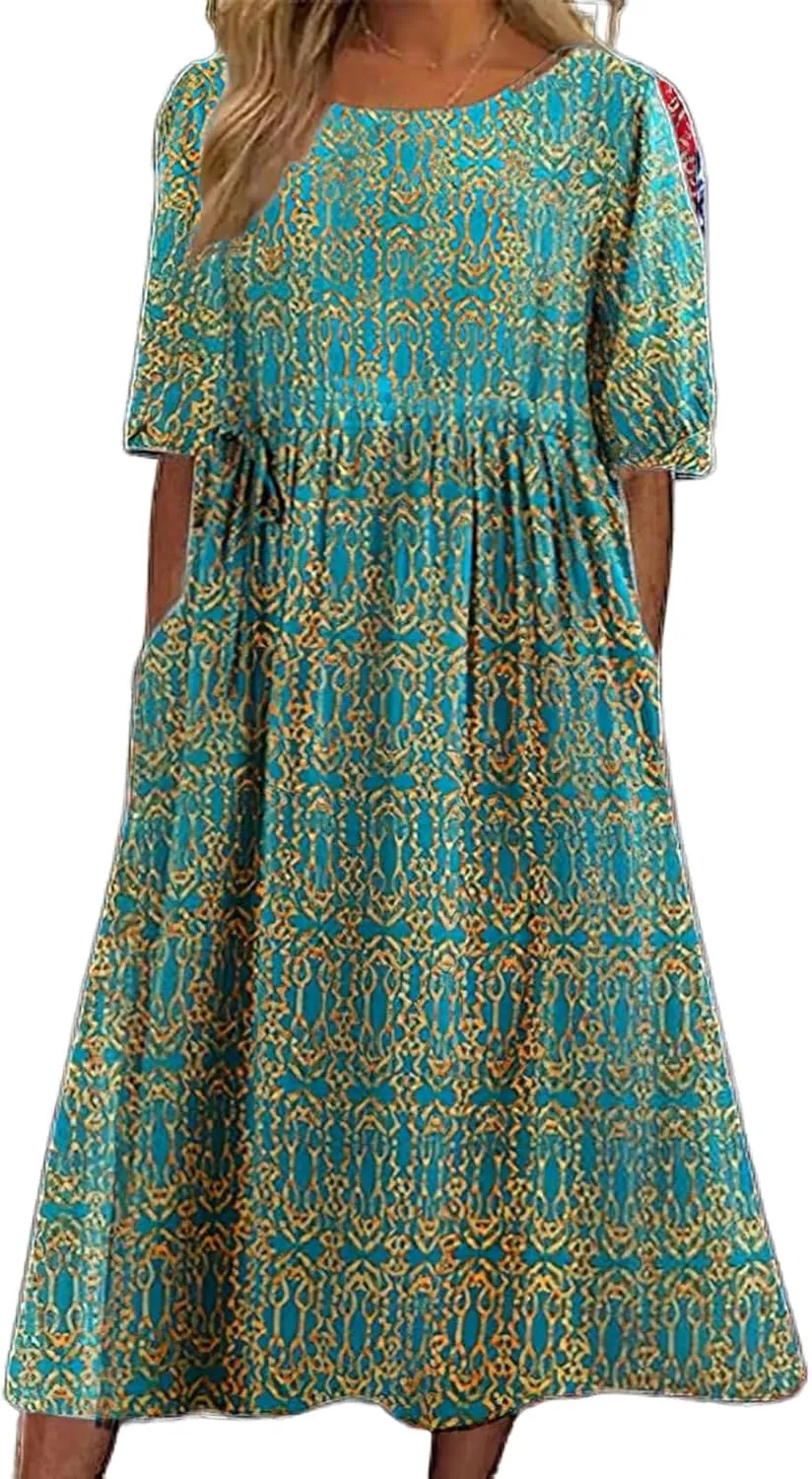 Boho Floral Maxi Dress for Womens Short Sleeve Summer Dresses Casual Loose A Line Elastic Pleated Dress