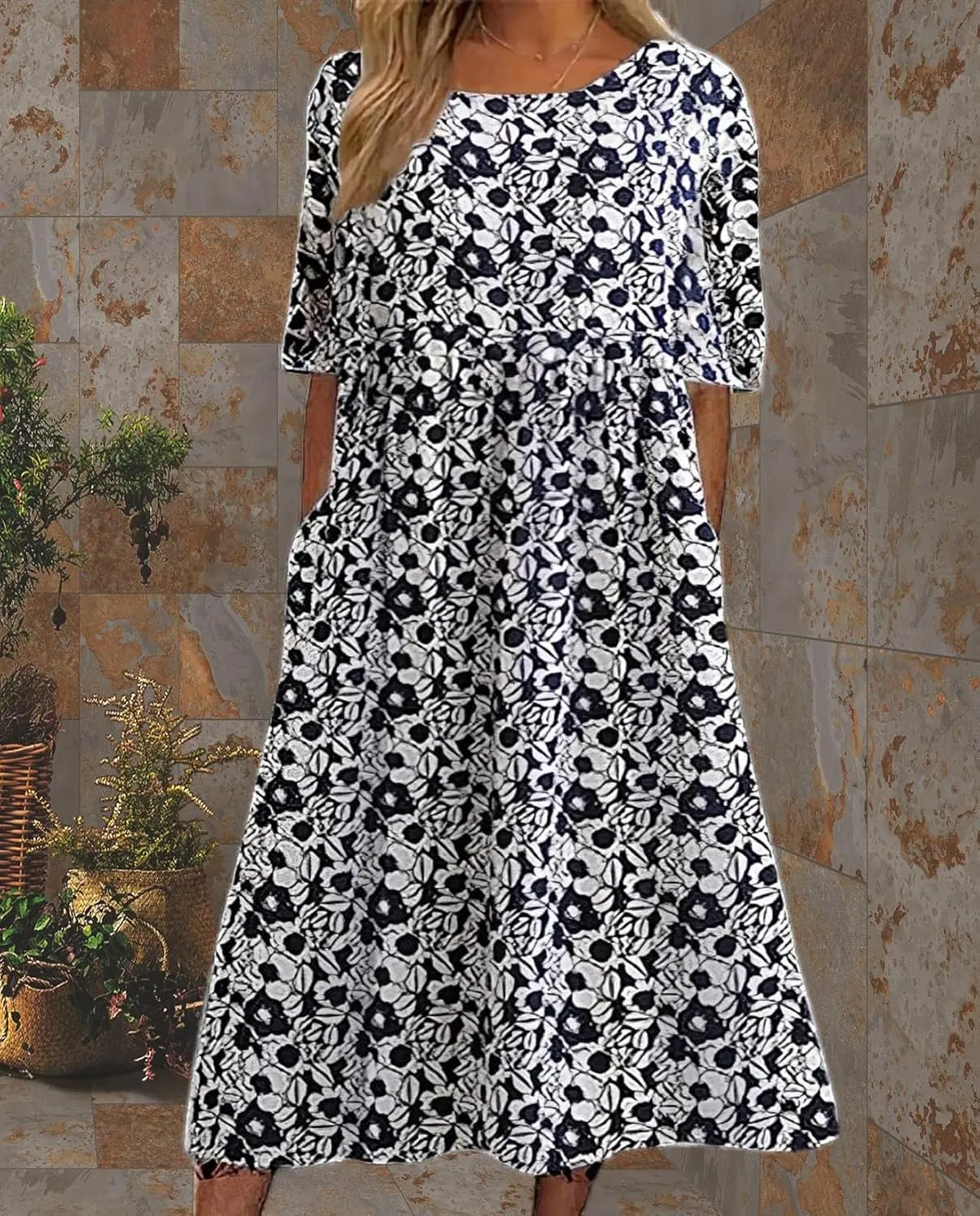Boho Floral Maxi Dress for Womens Short Sleeve Summer Dresses Casual Loose A Line Elastic Pleated Dress