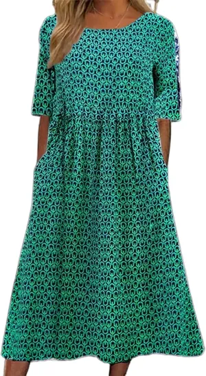 Boho Floral Maxi Dress for Womens Short Sleeve Summer Dresses Casual Loose A Line Elastic Pleated Dress