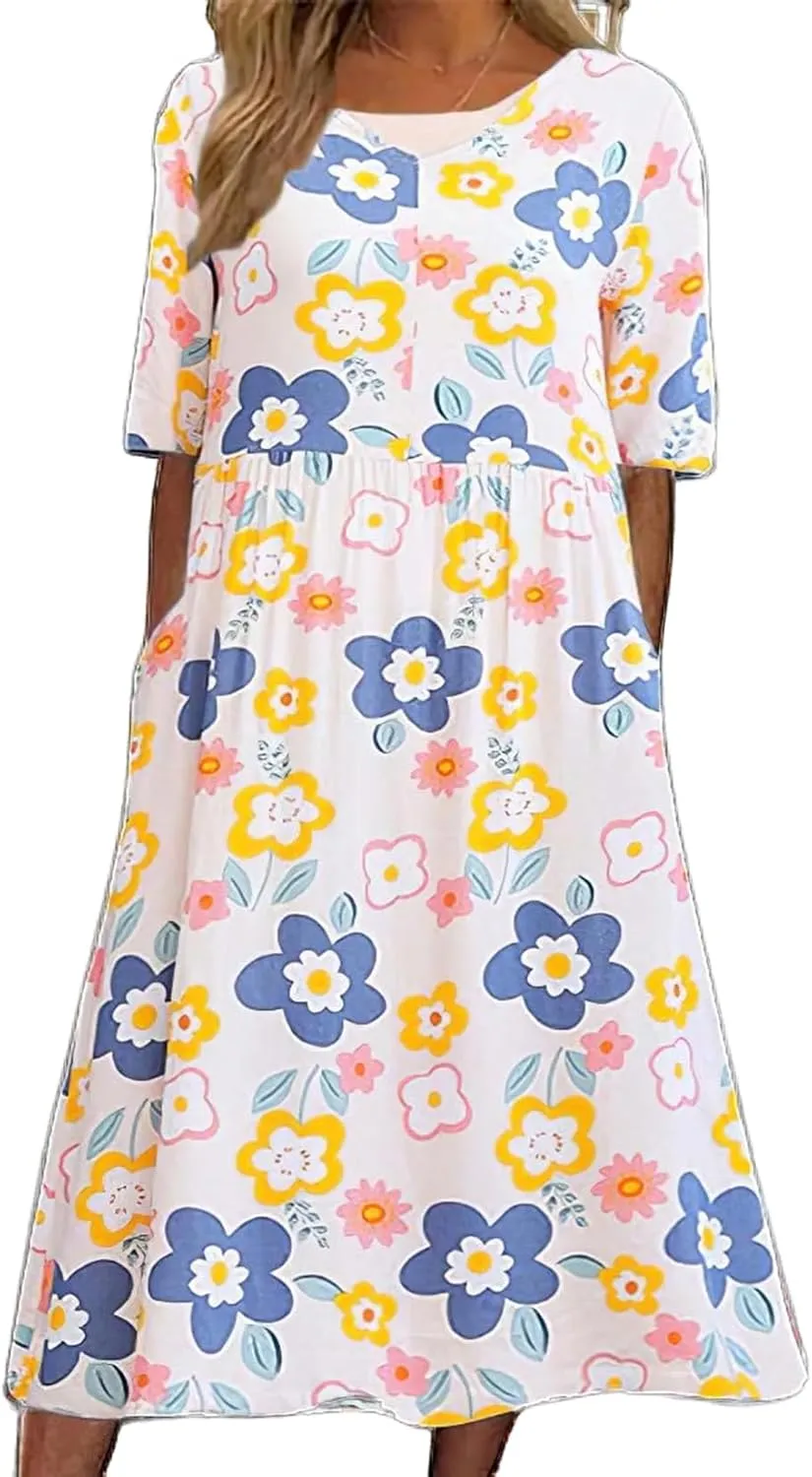 Boho Floral Maxi Dress for Womens Short Sleeve Summer Dresses Casual Loose A Line Elastic Pleated Dress