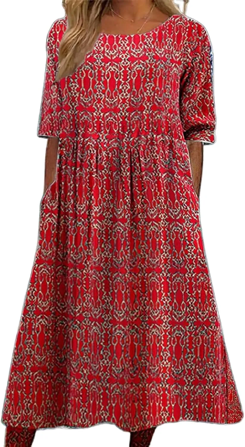 Boho Floral Maxi Dress for Womens Short Sleeve Summer Dresses Casual Loose A Line Elastic Pleated Dress