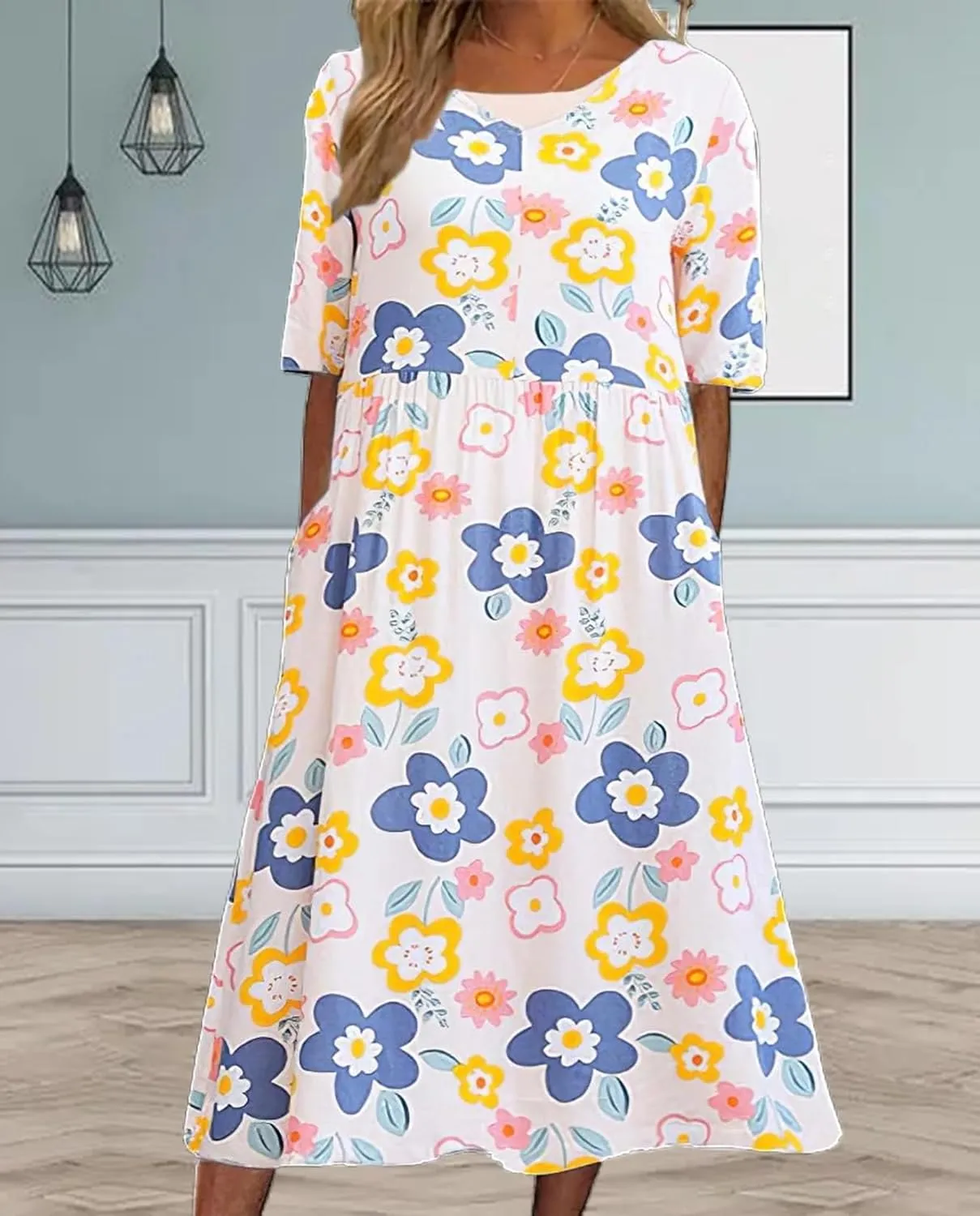 Boho Floral Maxi Dress for Womens Short Sleeve Summer Dresses Casual Loose A Line Elastic Pleated Dress
