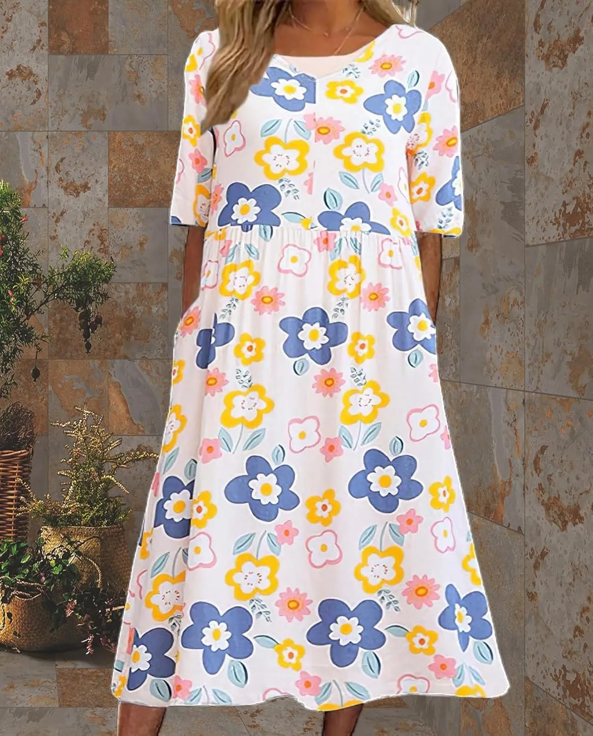 Boho Floral Maxi Dress for Womens Short Sleeve Summer Dresses Casual Loose A Line Elastic Pleated Dress