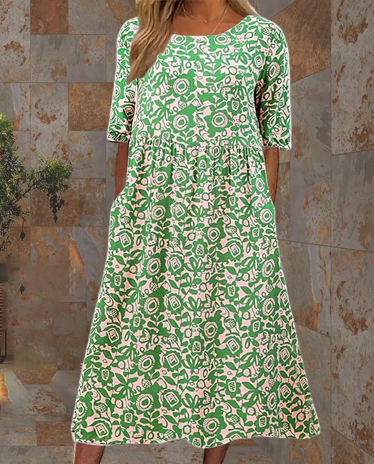 Boho Floral Maxi Dress for Womens Short Sleeve Summer Dresses Casual Loose A Line Elastic Pleated Dress