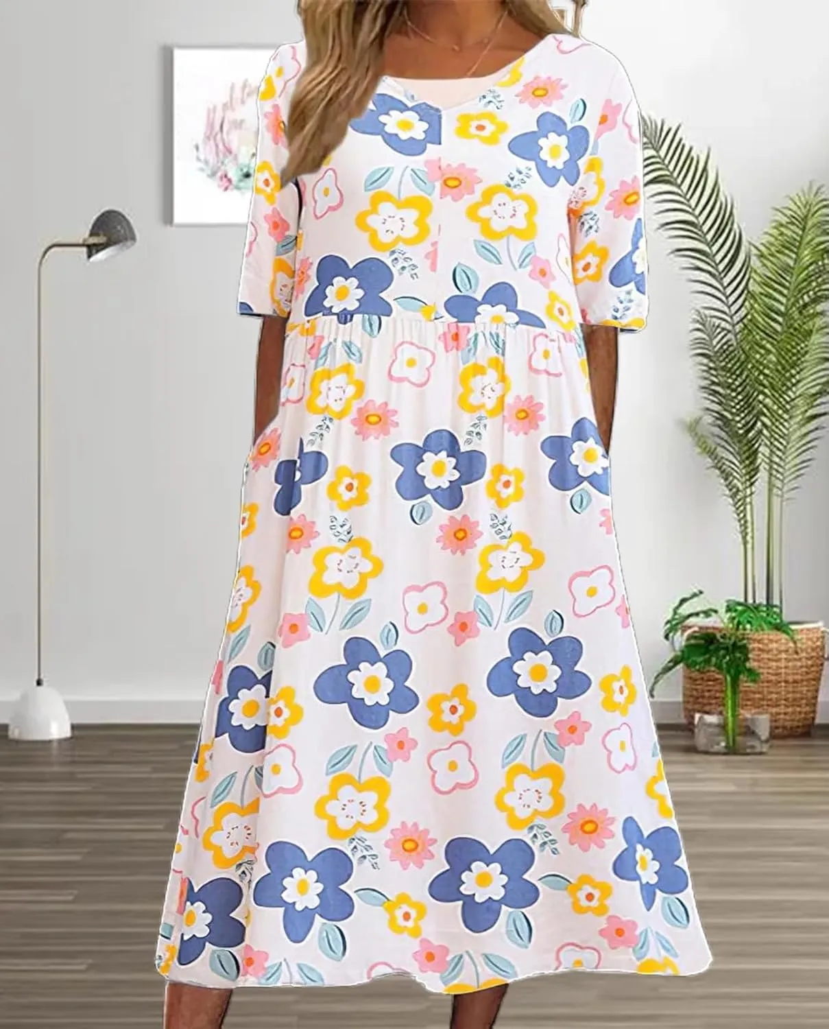 Boho Floral Maxi Dress for Womens Short Sleeve Summer Dresses Casual Loose A Line Elastic Pleated Dress