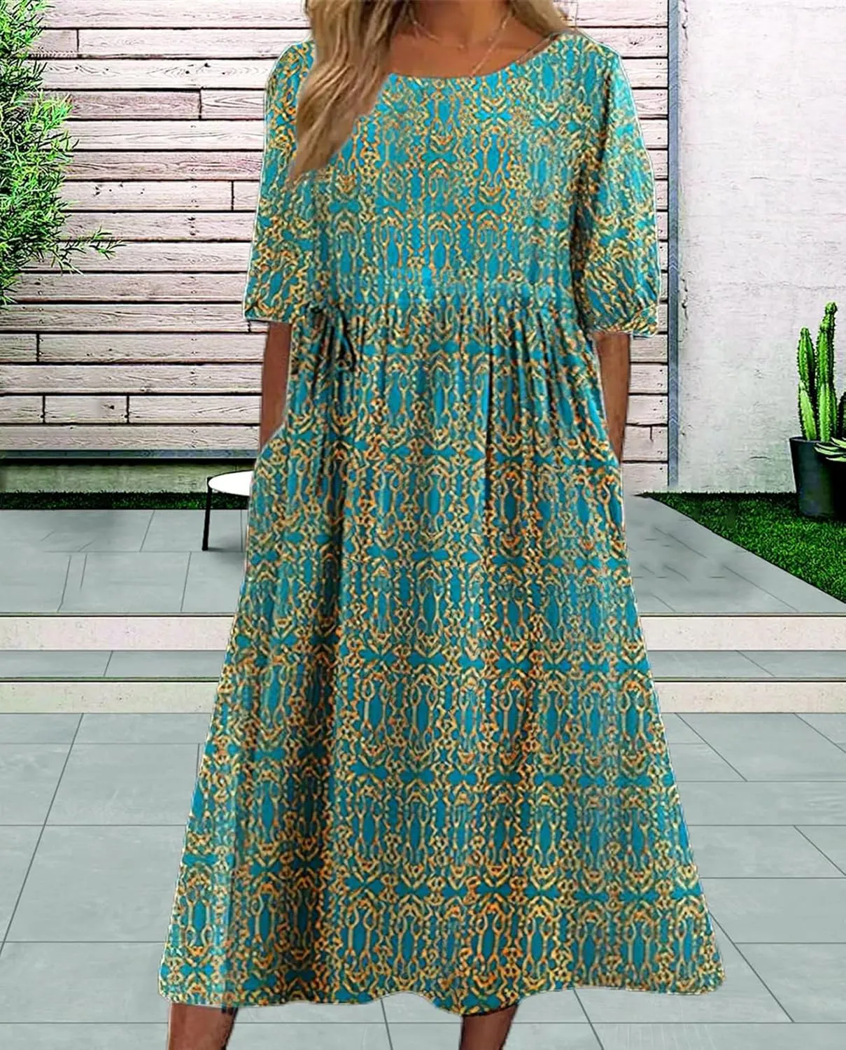 Boho Floral Maxi Dress for Womens Short Sleeve Summer Dresses Casual Loose A Line Elastic Pleated Dress