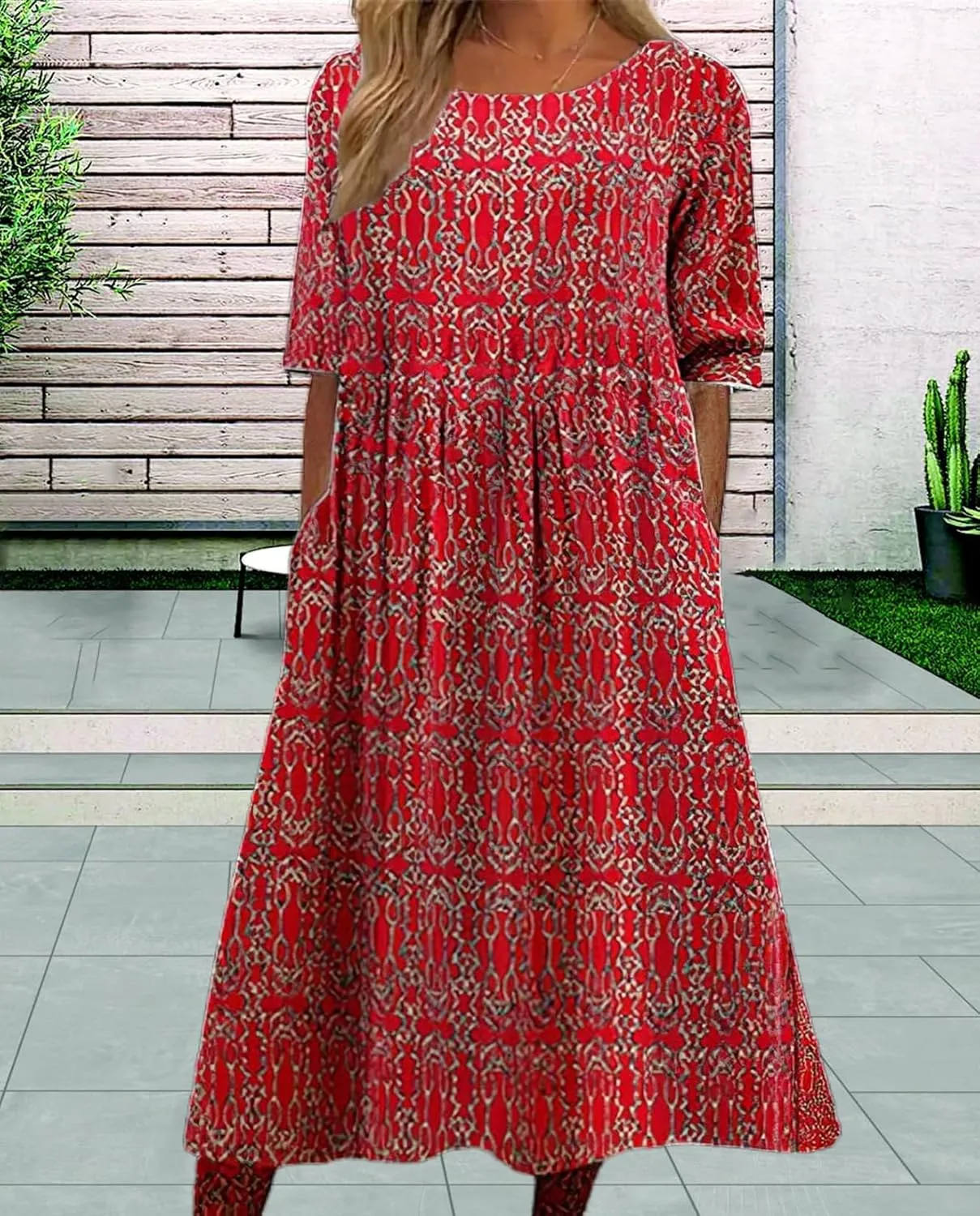 Boho Floral Maxi Dress for Womens Short Sleeve Summer Dresses Casual Loose A Line Elastic Pleated Dress