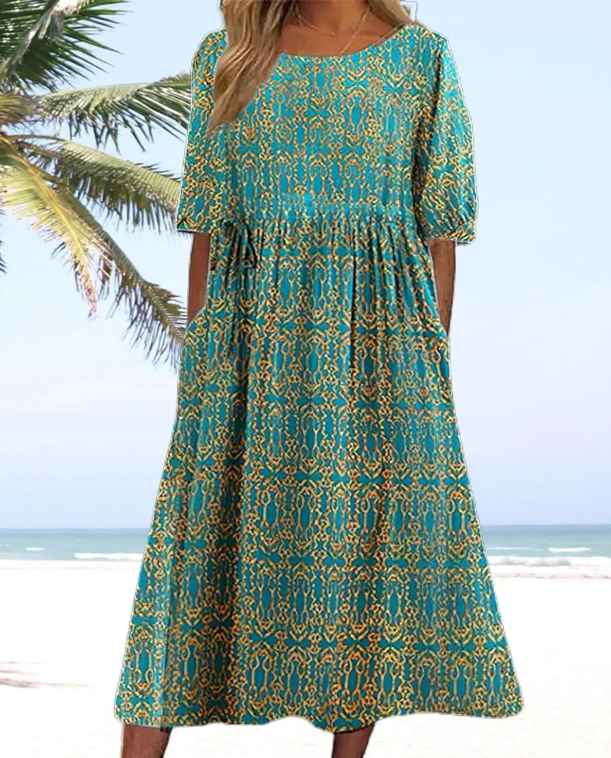 Boho Floral Maxi Dress for Womens Short Sleeve Summer Dresses Casual Loose A Line Elastic Pleated Dress