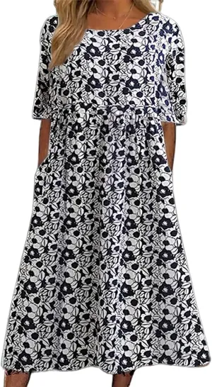 Boho Floral Maxi Dress for Womens Short Sleeve Summer Dresses Casual Loose A Line Elastic Pleated Dress
