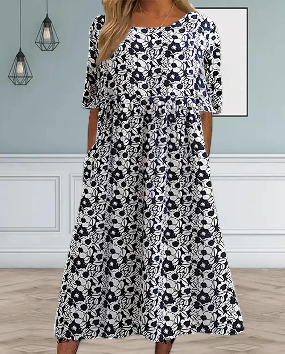 Boho Floral Maxi Dress for Womens Short Sleeve Summer Dresses Casual Loose A Line Elastic Pleated Dress