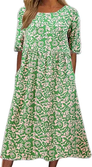 Boho Floral Maxi Dress for Womens Short Sleeve Summer Dresses Casual Loose A Line Elastic Pleated Dress