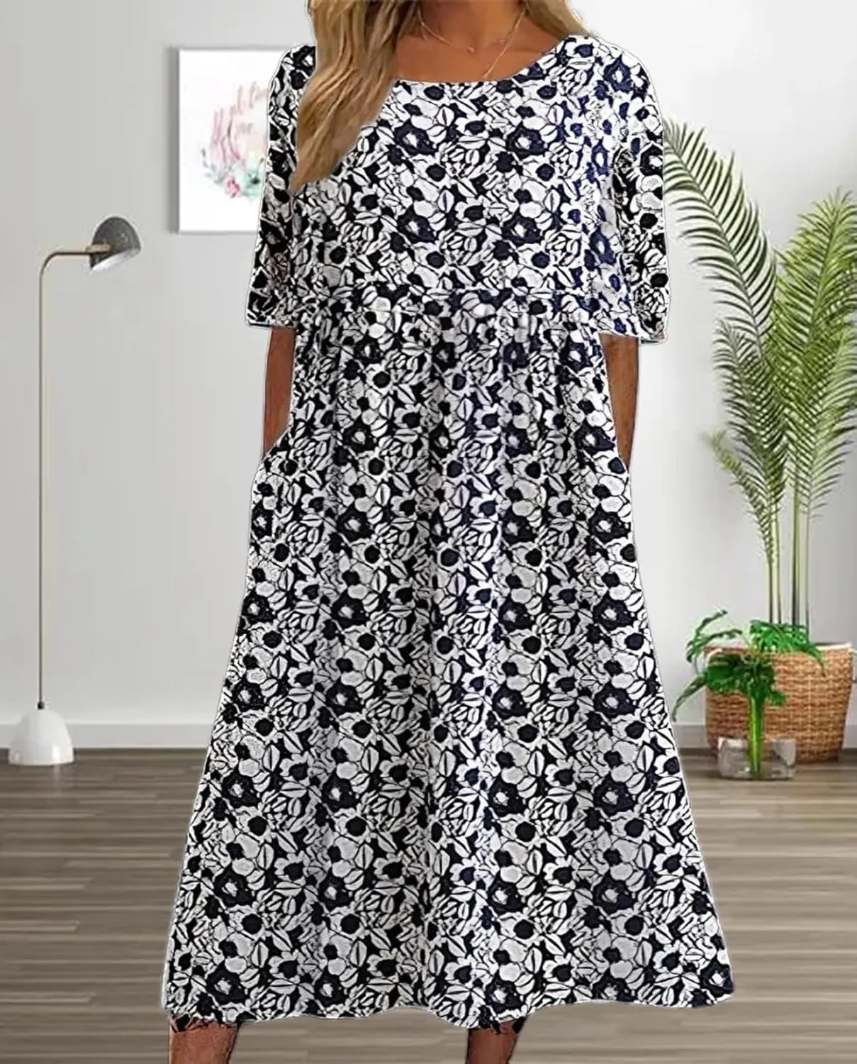 Boho Floral Maxi Dress for Womens Short Sleeve Summer Dresses Casual Loose A Line Elastic Pleated Dress