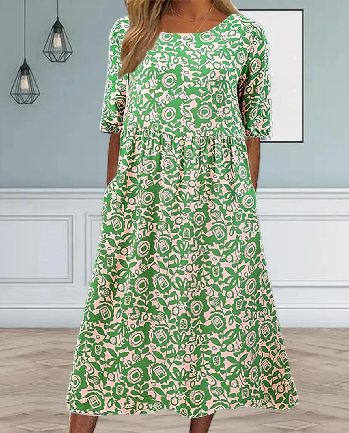 Boho Floral Maxi Dress for Womens Short Sleeve Summer Dresses Casual Loose A Line Elastic Pleated Dress