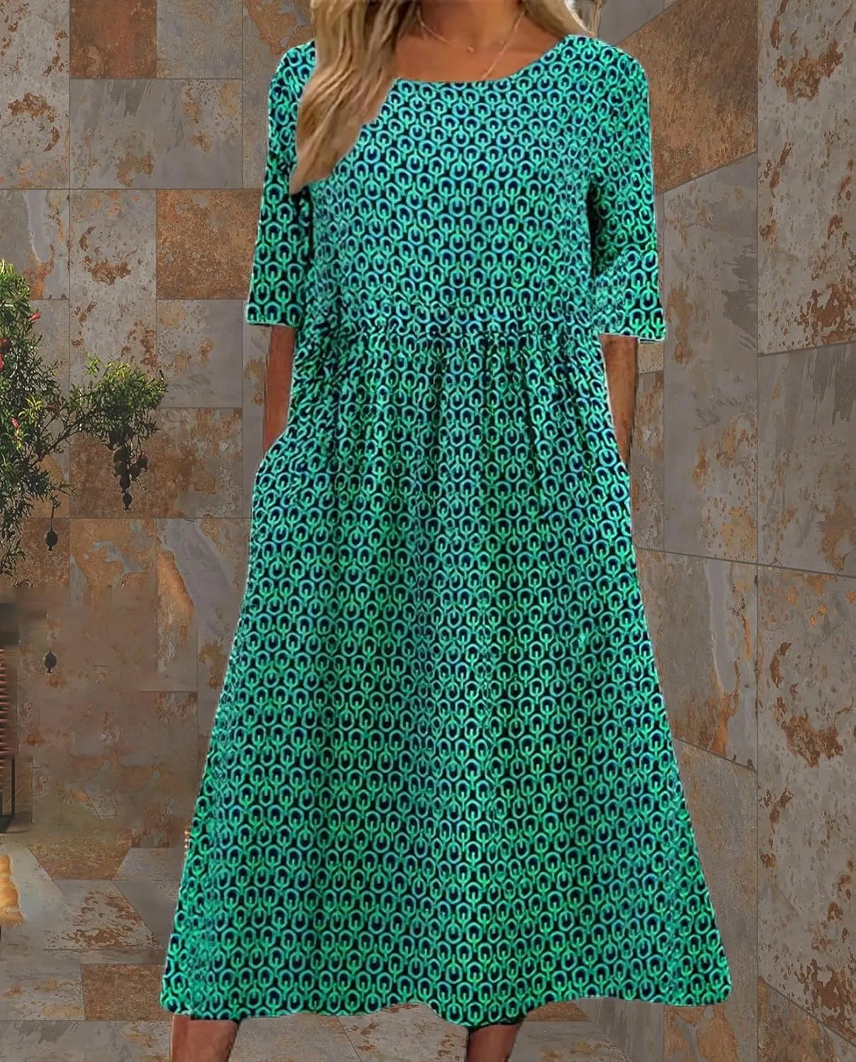 Boho Floral Maxi Dress for Womens Short Sleeve Summer Dresses Casual Loose A Line Elastic Pleated Dress