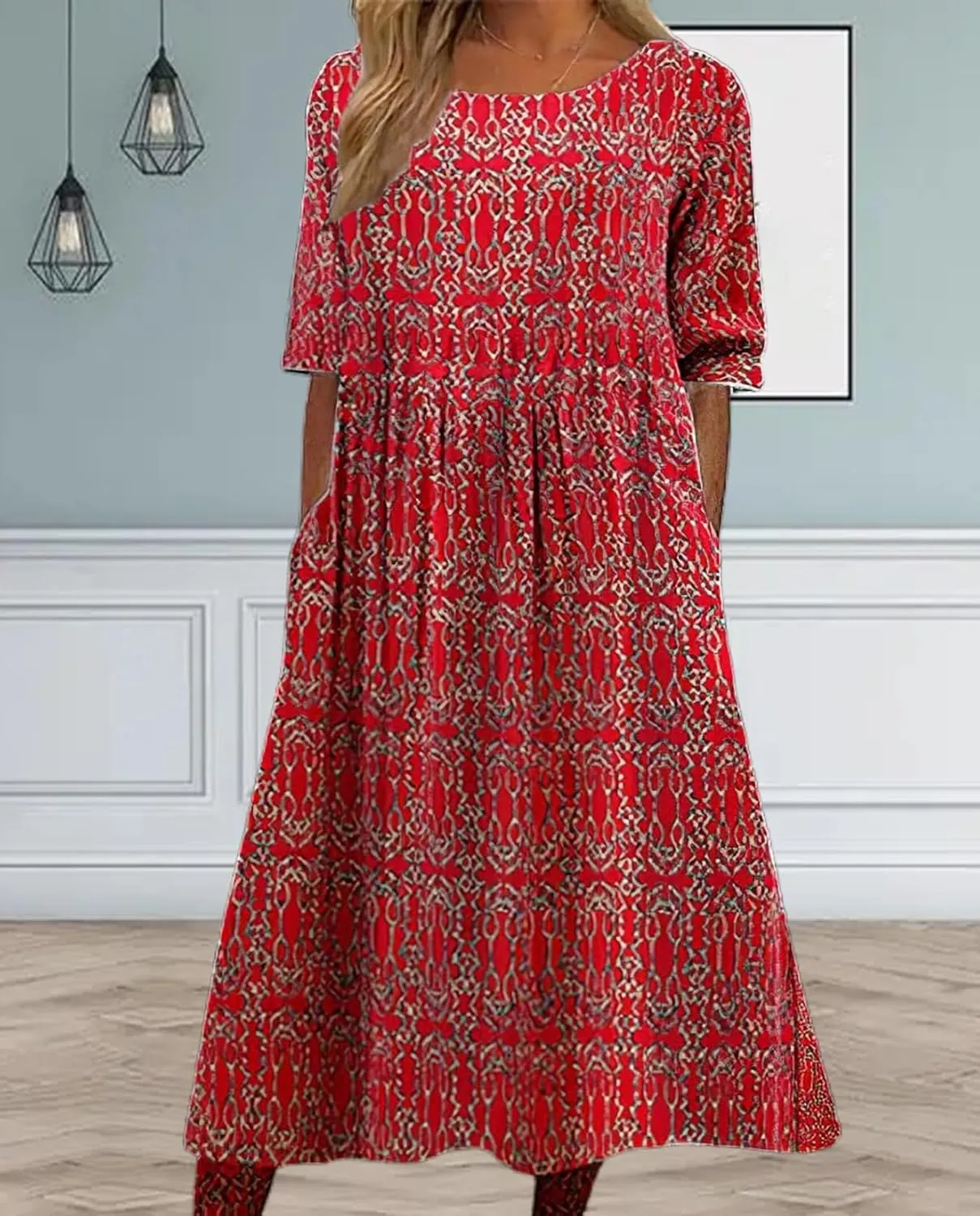 Boho Floral Maxi Dress for Womens Short Sleeve Summer Dresses Casual Loose A Line Elastic Pleated Dress