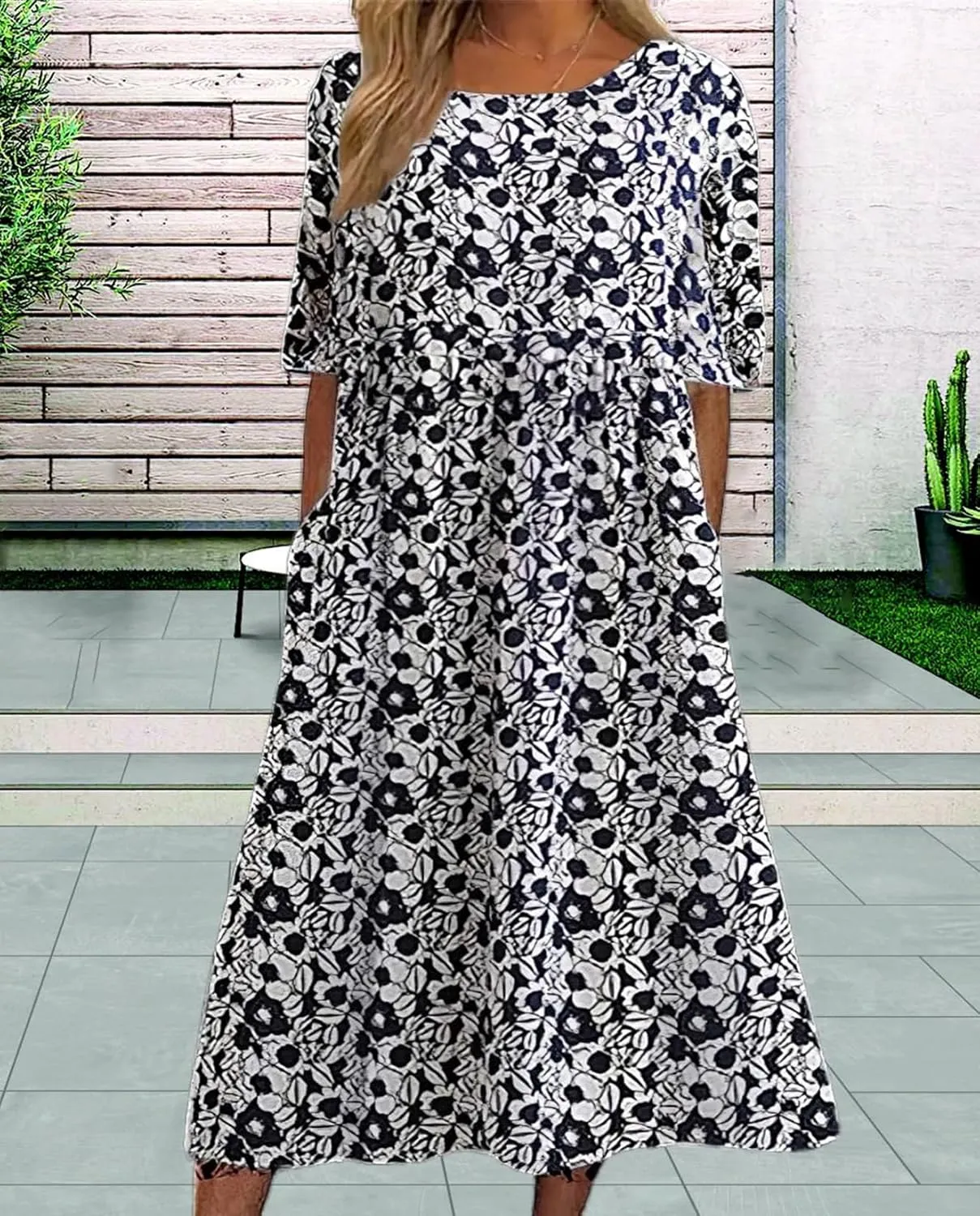 Boho Floral Maxi Dress for Womens Short Sleeve Summer Dresses Casual Loose A Line Elastic Pleated Dress