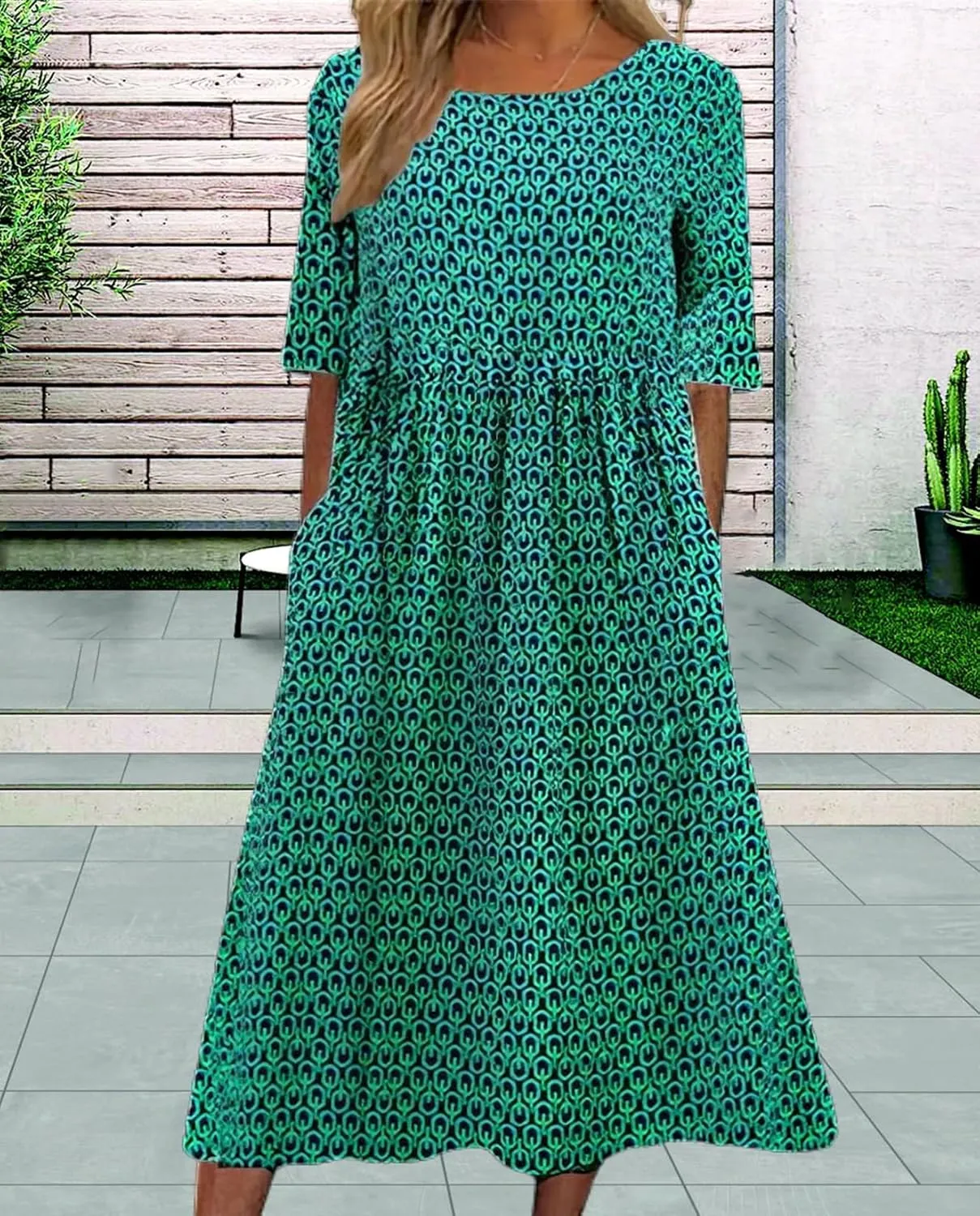 Boho Floral Maxi Dress for Womens Short Sleeve Summer Dresses Casual Loose A Line Elastic Pleated Dress