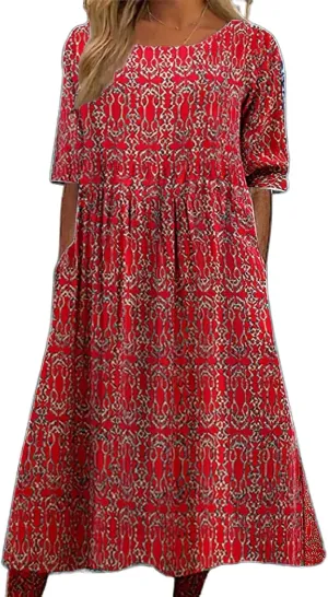 Boho Floral Maxi Dress for Womens Short Sleeve Summer Dresses Casual Loose A Line Elastic Pleated Dress