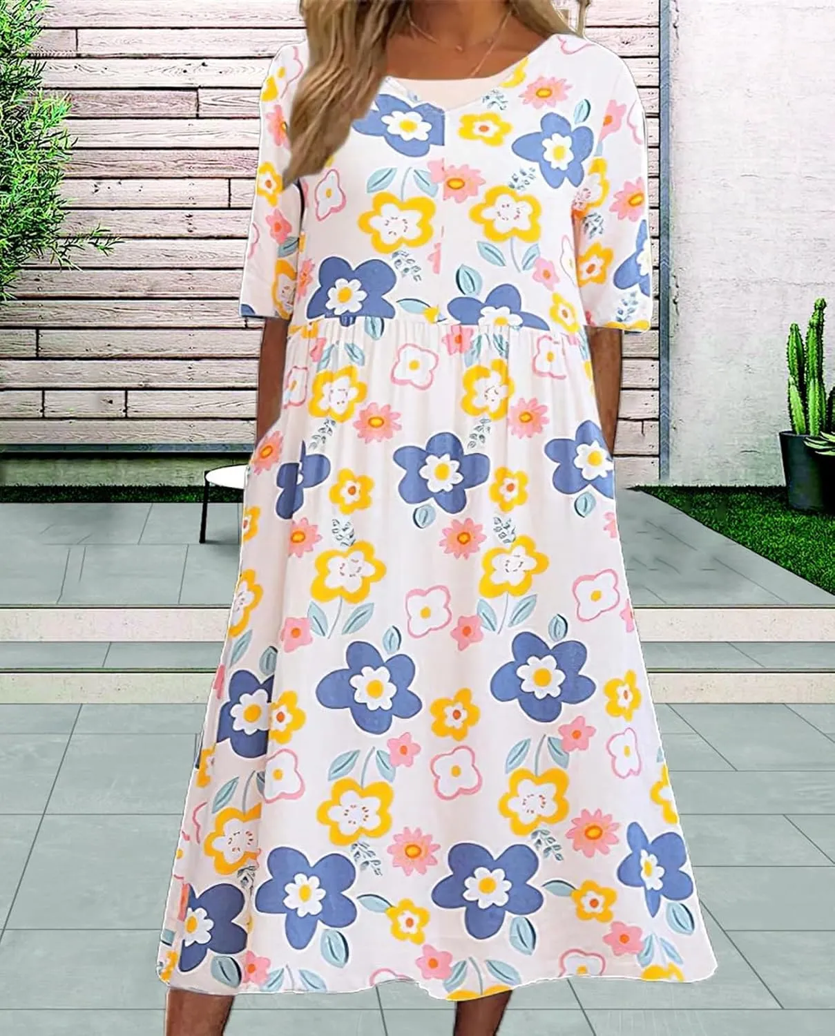 Boho Floral Maxi Dress for Womens Short Sleeve Summer Dresses Casual Loose A Line Elastic Pleated Dress