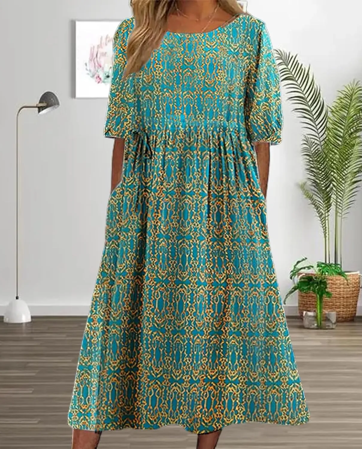 Boho Floral Maxi Dress for Womens Short Sleeve Summer Dresses Casual Loose A Line Elastic Pleated Dress