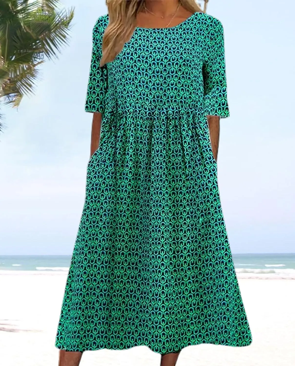 Boho Floral Maxi Dress for Womens Short Sleeve Summer Dresses Casual Loose A Line Elastic Pleated Dress