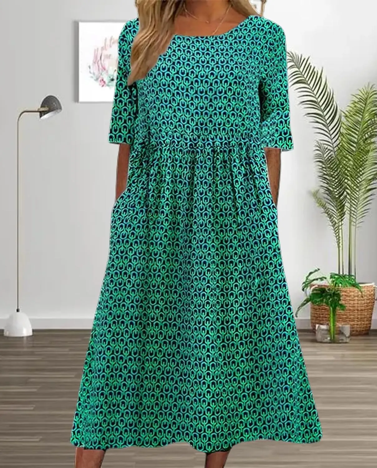 Boho Floral Maxi Dress for Womens Short Sleeve Summer Dresses Casual Loose A Line Elastic Pleated Dress